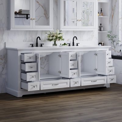 84" White Double Sink Bathroom Vanity with Solid Wood Frame, Soft Close 14 Drawers & White Cultured Marble Countertop