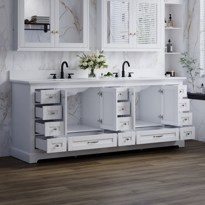 84" White Double Sink Bathroom Vanity with Solid Wood Frame, Soft Close 14 Drawers & White Cultured Marble Countertop