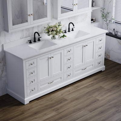 84" White Double Sink Bathroom Vanity with Solid Wood Frame, Soft Close 14 Drawers & White Cultured Marble Countertop