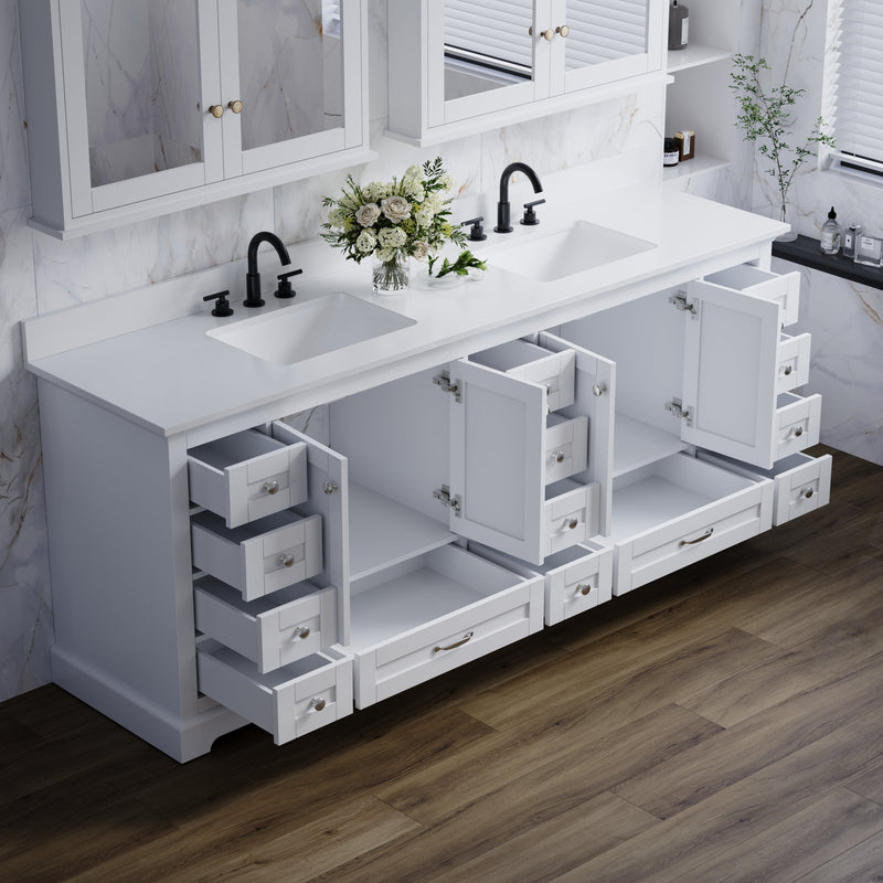 84" White Double Sink Bathroom Vanity with Solid Wood Frame, Soft Close 14 Drawers & White Cultured Marble Countertop