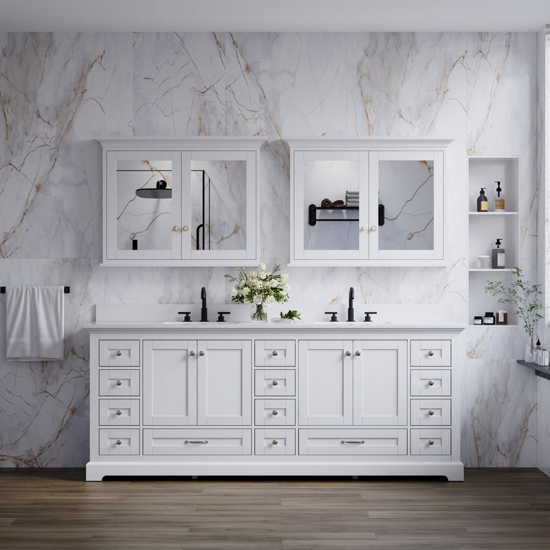 84" White Double Sink Bathroom Vanity with Solid Wood Frame, Soft Close 14 Drawers & White Cultured Marble Countertop