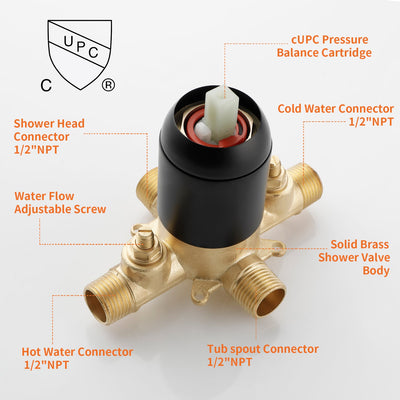 Shower System with 5-Function Handheld & Rainfall Shower Head, High-Flow Tub Spout, cUPC Certified Cartridge, 2.5GPM
