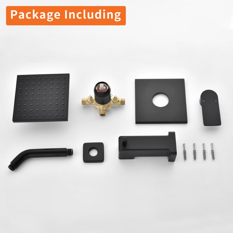 6-in Wall Mount Square Shower Faucet Set with Tub Spout Faucet Wall Mount Shower Head