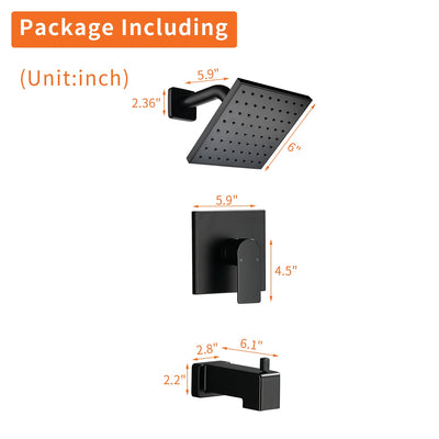 6-in Wall Mount Square Shower Faucet Set with Tub Spout Faucet Wall Mount Shower Head