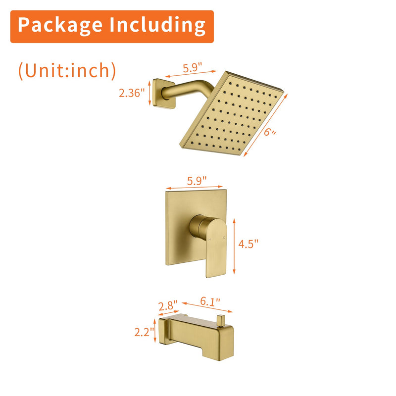 6-in Wall Mount Square Shower Faucet Set with Tub Spout Faucet Wall Mount Shower Head
