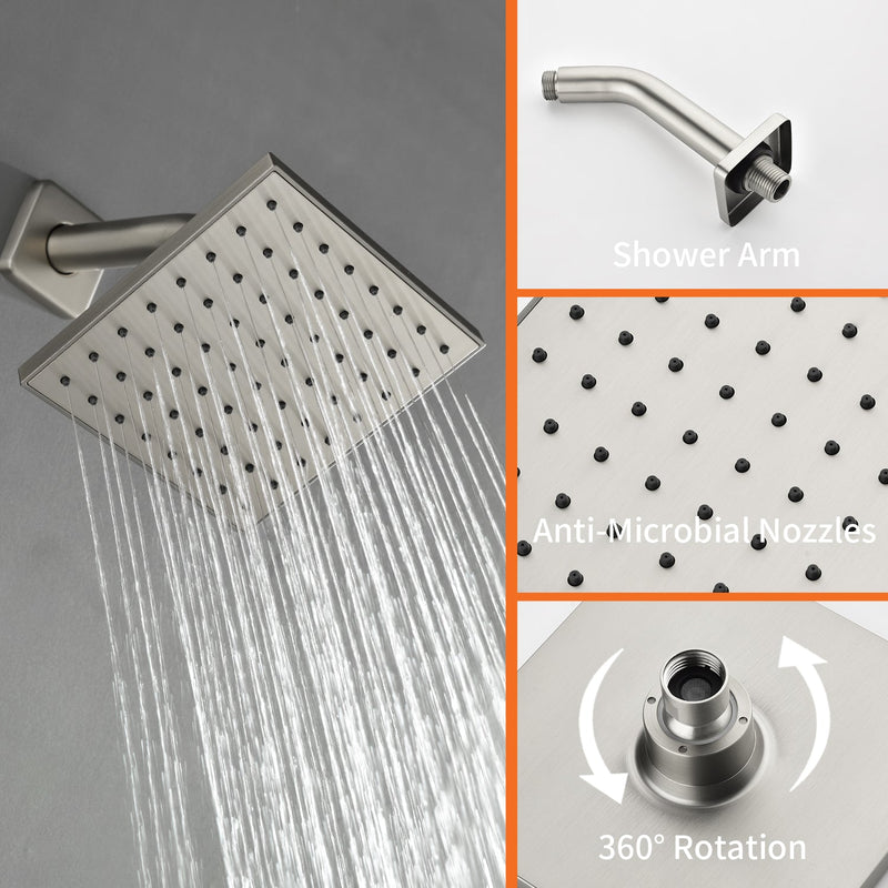 6-in Wall Mount Square Shower Faucet Set with Tub Spout Faucet Wall Mount Shower Head