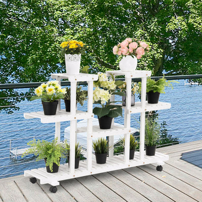 4-Tier Wood Casters Rolling Shelf Plant Stand-White