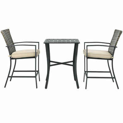 3 Pieces Rattan Bar Furniture Set with Slat Table and 2 Cushioned Stools