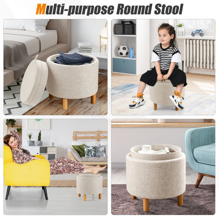 Round Fabric Storage Ottoman with Tray and Non-Slip Pads for Bedroom