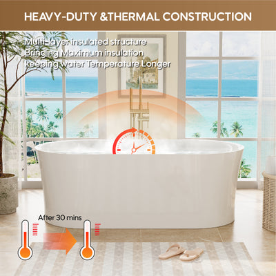 67 Luxury Acrylic Freestanding Soaking Bathtub in White with Air Bubble Massage and Romantic LED Lighting