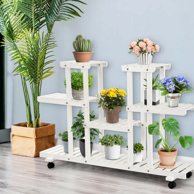 4-Tier Wood Casters Rolling Shelf Plant Stand-White