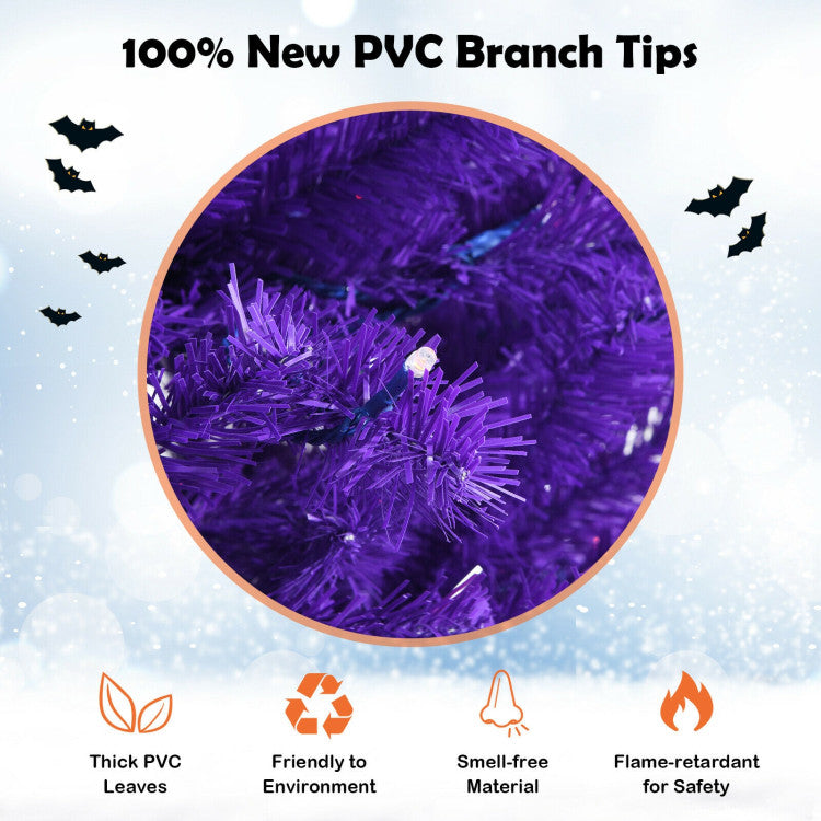 Artificial Prelit Purple Halloween Tree with Orange Lights and Pumpkin Ornaments