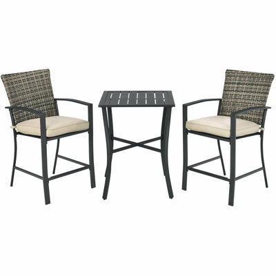 3 Pieces Rattan Bar Furniture Set with Slat Table and 2 Cushioned Stools