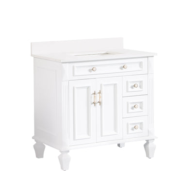 36inch White Freestanding Solid Wood Bathroom Vanity Storage Organizer with Carrara White Quartz Countertop