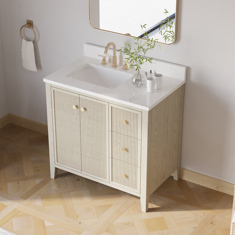 36" ASH Bathroom Vanity with Single Undermount Sink, 3 Dovetail-constructed Drawers, 2 Soft-Closing Doors