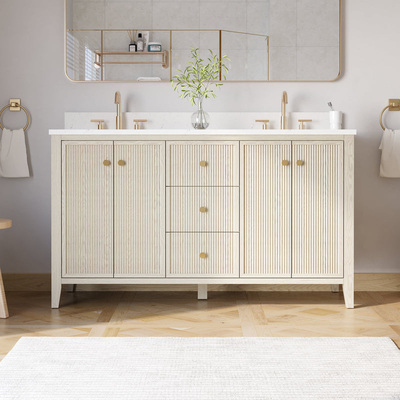 60" ASH Bathroom Vanity with Double Undermount Sinks, 3 Dovetail-constructed Drawers, 4 Soft-Closing Doors