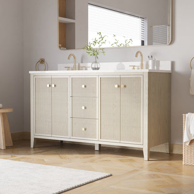 60" ASH Bathroom Vanity with Double Undermount Sinks, 3 Dovetail-constructed Drawers, 4 Soft-Closing Doors