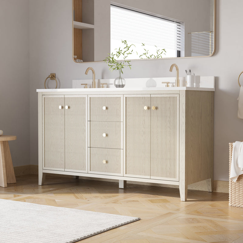 60" ASH Bathroom Vanity with Double Undermount Sinks, 3 Dovetail-constructed Drawers, 4 Soft-Closing Doors