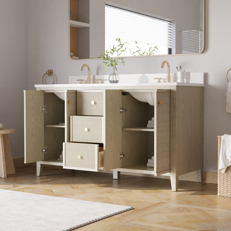 60" ASH Bathroom Vanity with Double Undermount Sinks, 3 Dovetail-constructed Drawers, 4 Soft-Closing Doors