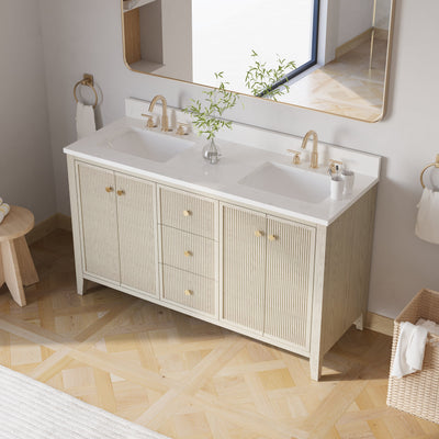 60" ASH Bathroom Vanity with Double Undermount Sinks, 3 Dovetail-constructed Drawers, 4 Soft-Closing Doors