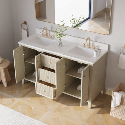 60" ASH Bathroom Vanity with Double Undermount Sinks, 3 Dovetail-constructed Drawers, 4 Soft-Closing Doors