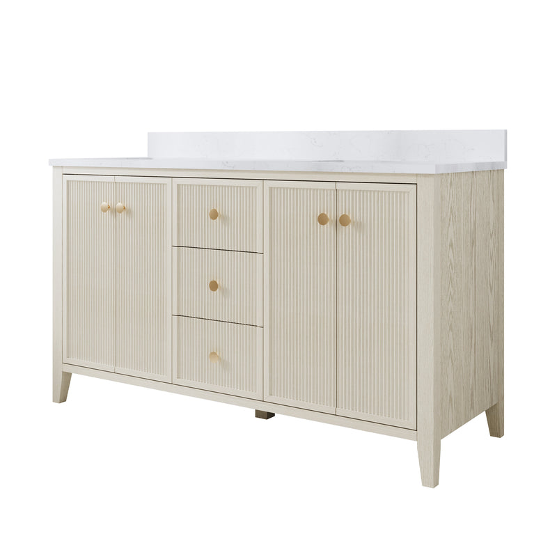 60" ASH Bathroom Vanity with Double Undermount Sinks, 3 Dovetail-constructed Drawers, 4 Soft-Closing Doors