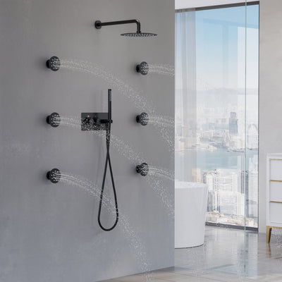 Thermostatic 3-Function Shower System with 10" Ultra-Thin Round Shower Head, Handheld & Body Jets, Solid 304 Stainless Steel
