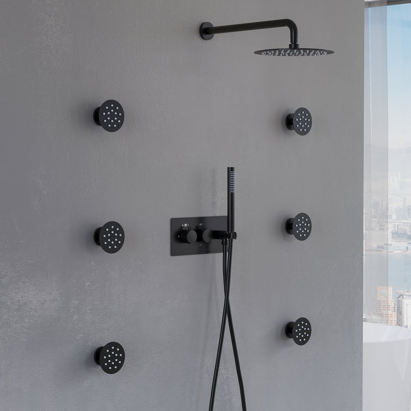 Thermostatic 3-Function Shower System with 10" Ultra-Thin Round Shower Head, Handheld & Body Jets, Solid 304 Stainless Steel