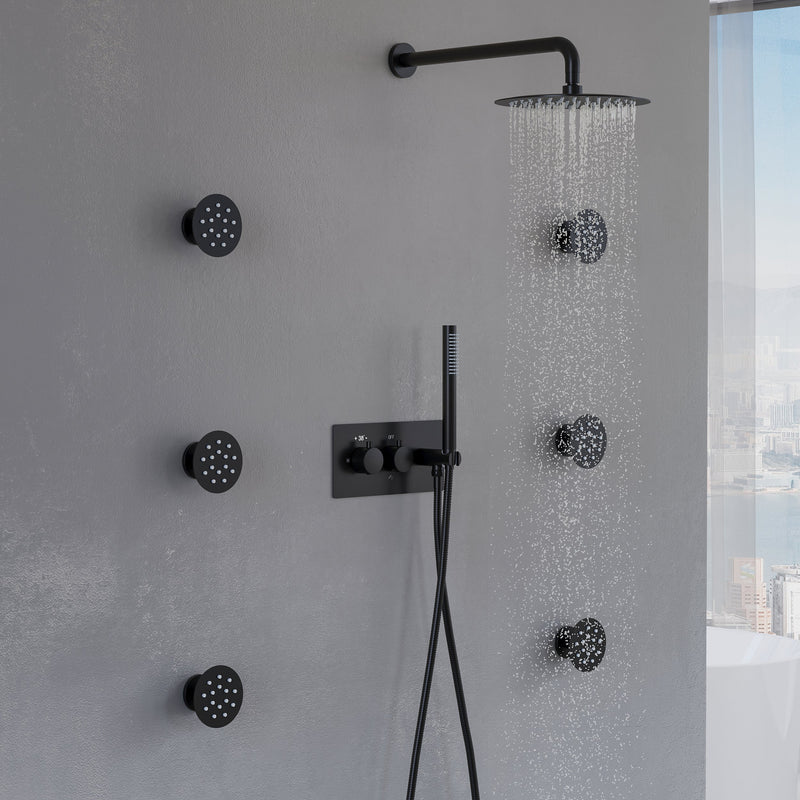 Thermostatic 3-Function Shower System with 10" Ultra-Thin Round Shower Head, Handheld & Body Jets, Solid 304 Stainless Steel