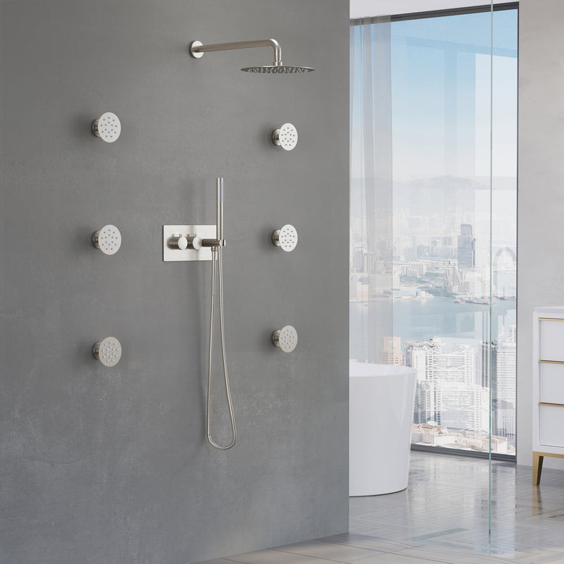 Thermostatic 3-Function Shower System with 10" Ultra-Thin Round Shower Head, Handheld & Body Jets, Solid 304 Stainless Steel