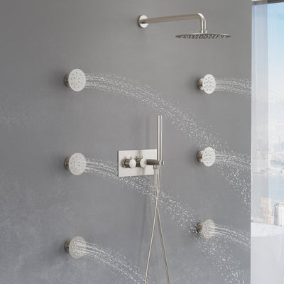 Thermostatic 3-Function Shower System with 10" Ultra-Thin Round Shower Head, Handheld & Body Jets, Solid 304 Stainless Steel