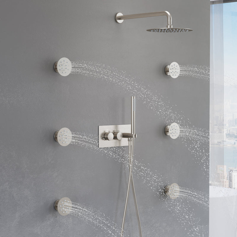 Thermostatic 3-Function Shower System with 10" Ultra-Thin Round Shower Head, Handheld & Body Jets, Solid 304 Stainless Steel