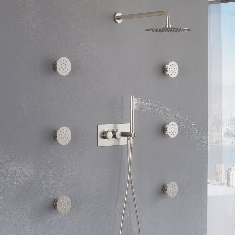 Thermostatic 3-Function Shower System with 10" Ultra-Thin Round Shower Head, Handheld & Body Jets, Solid 304 Stainless Steel