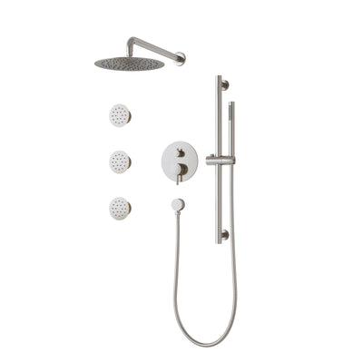 Wall-Mounted 10” Round Shower Set with Sliding Bar, Ultra-Thin Body Jets & Hand Shower, 3-Way Pressure Balance Valve, 304 Stainless Steel