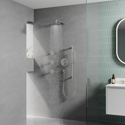 Wall-Mounted 10” Round Shower Set with Sliding Bar, Ultra-Thin Body Jets & Hand Shower, 3-Way Pressure Balance Valve, 304 Stainless Steel