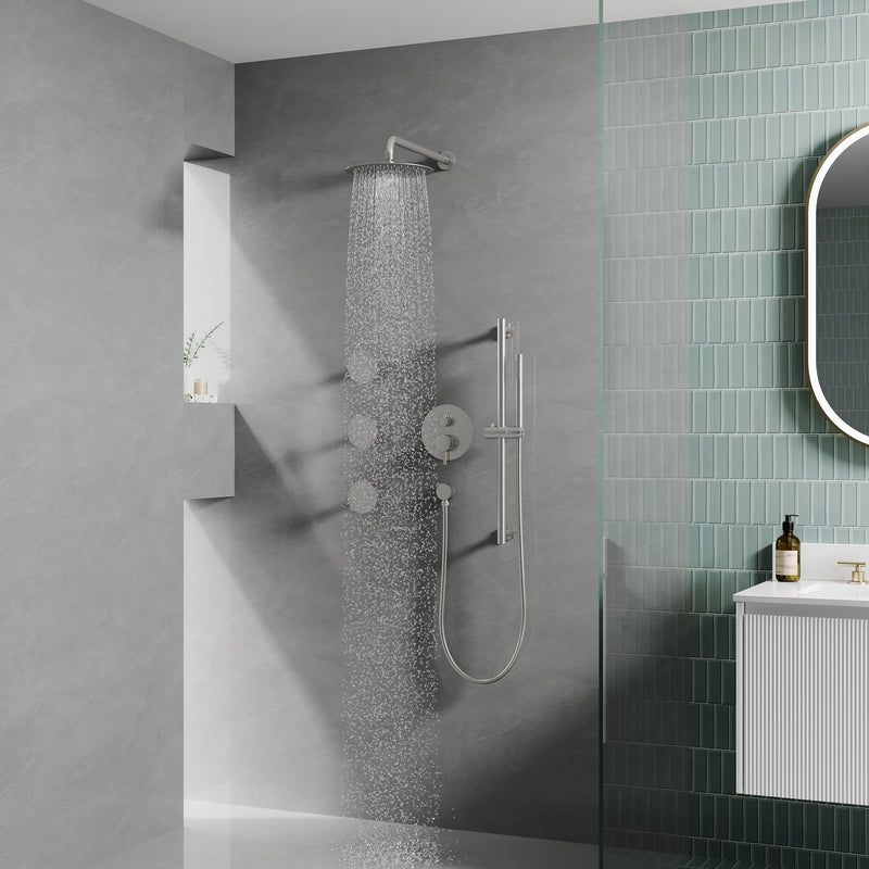 Wall-Mounted 10” Round Shower Set with Sliding Bar, Ultra-Thin Body Jets & Hand Shower, 3-Way Pressure Balance Valve, 304 Stainless Steel