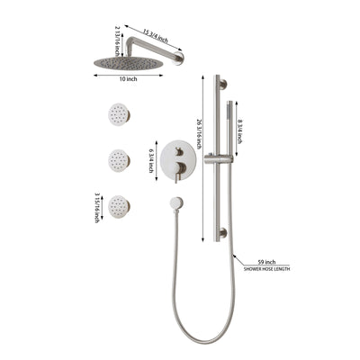 Wall-Mounted 10” Round Shower Set with Sliding Bar, Ultra-Thin Body Jets & Hand Shower, 3-Way Pressure Balance Valve, 304 Stainless Steel