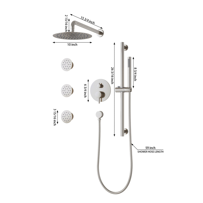 Wall-Mounted 10” Round Shower Set with Sliding Bar, Ultra-Thin Body Jets & Hand Shower, 3-Way Pressure Balance Valve, 304 Stainless Steel