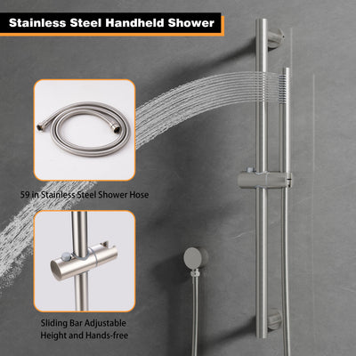 Wall-Mounted 10” Round Shower Set with Sliding Bar, Ultra-Thin Body Jets & Hand Shower, 3-Way Pressure Balance Valve, 304 Stainless Steel