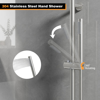 Wall-Mounted 10” Round Shower Set with Sliding Bar, Ultra-Thin Body Jets & Hand Shower, 3-Way Pressure Balance Valve, 304 Stainless Steel