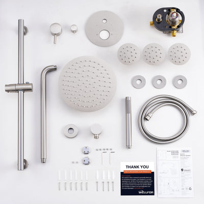 Wall-Mounted 10” Round Shower Set with Sliding Bar, Ultra-Thin Body Jets & Hand Shower, 3-Way Pressure Balance Valve, 304 Stainless Steel