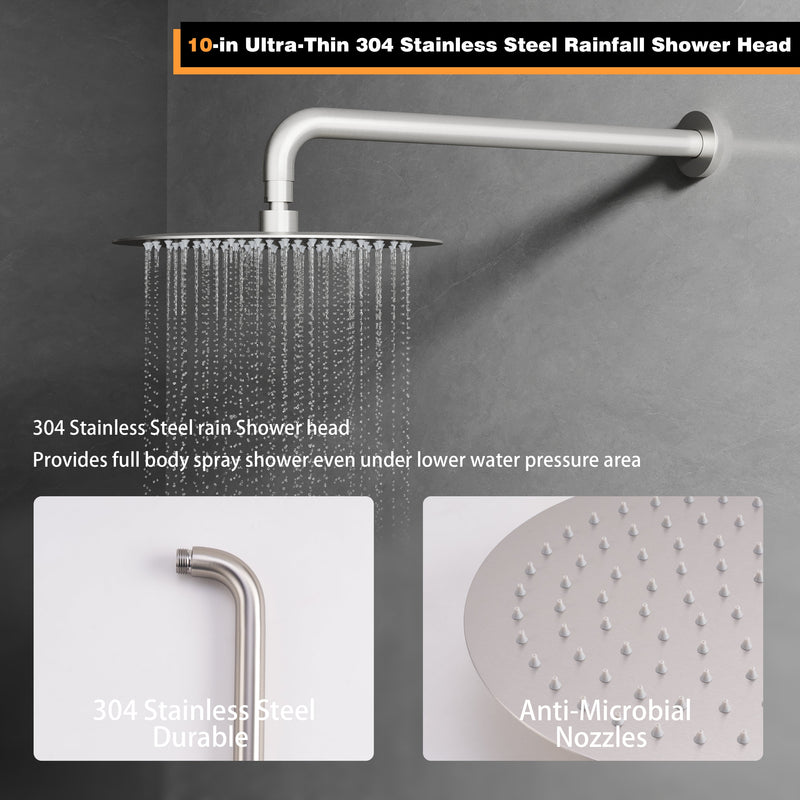 Wall-Mounted 10” Round Shower Set with Sliding Bar, Ultra-Thin Body Jets & Hand Shower, 3-Way Pressure Balance Valve, 304 Stainless Steel