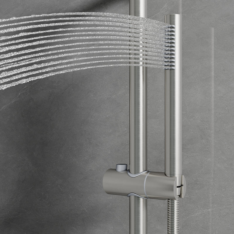 Wall-Mounted 10” Round Shower Set with Sliding Bar, Ultra-Thin Body Jets & Hand Shower, 3-Way Pressure Balance Valve, 304 Stainless Steel