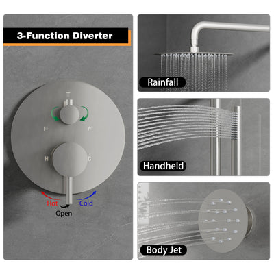 Wall-Mounted 10” Round Shower Set with Sliding Bar, Ultra-Thin Body Jets & Hand Shower, 3-Way Pressure Balance Valve, 304 Stainless Steel