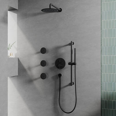Wall-Mounted 10” Round Shower Set with Sliding Bar, Ultra-Thin Body Jets & Hand Shower, 3-Way Pressure Balance Valve, 304 Stainless Steel