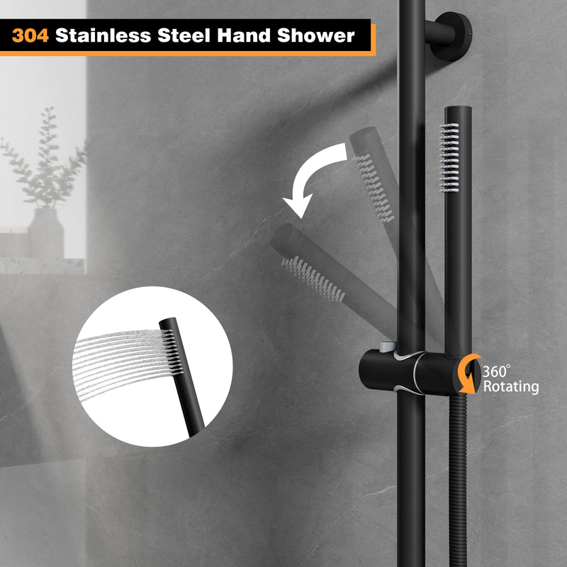 Wall-Mounted 10” Round Shower Set with Sliding Bar, Ultra-Thin Body Jets & Hand Shower, 3-Way Pressure Balance Valve, 304 Stainless Steel