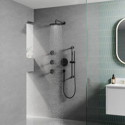 Wall-Mounted 10” Round Shower Set with Sliding Bar, Ultra-Thin Body Jets & Hand Shower, 3-Way Pressure Balance Valve, 304 Stainless Steel