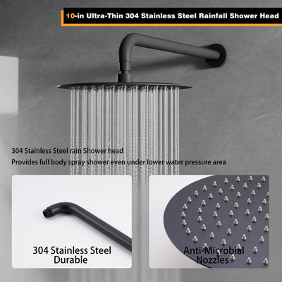 Wall-Mounted 10” Round Shower Set with Sliding Bar, Ultra-Thin Body Jets & Hand Shower, 3-Way Pressure Balance Valve, 304 Stainless Steel