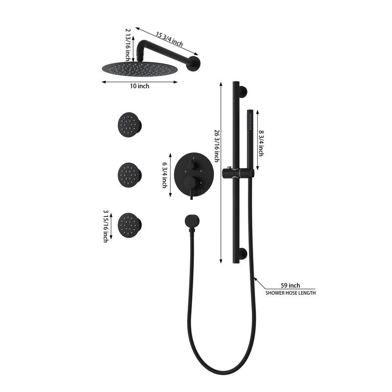 Wall-Mounted 10” Round Shower Set with Sliding Bar, Ultra-Thin Body Jets & Hand Shower, 3-Way Pressure Balance Valve, 304 Stainless Steel