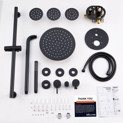 Wall-Mounted 10” Round Shower Set with Sliding Bar, Ultra-Thin Body Jets & Hand Shower, 3-Way Pressure Balance Valve, 304 Stainless Steel